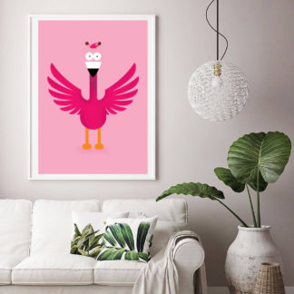 Framed Flamingo Graphic Design Illustration on a Light Pink Plain Background, hanging in a living room