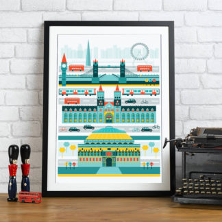 Framed Cityscape of London graphic Illustration . Buildings include The Royal Albert Hall, The Natural History Museum and Tower Bridge.