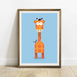 Framed Giraffe Graphic Design Illustration on a Light Blue Plain Background.
