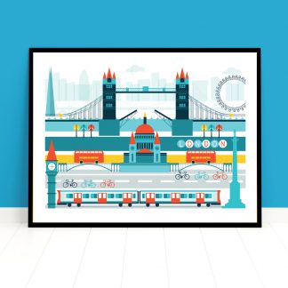 Framed Cityscape of London Graphic Illustration. Buildings include Tower Bridge The Shard and St Pauls.