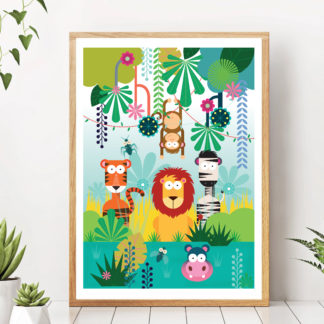 Framed Busy colourful illustration of a jungle scene with a lion, tiger, zebra, hippo in the water and monkey.