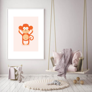 Framed Monkey Graphic Design Illustration in a nursery on a Light peach Plain Background.
