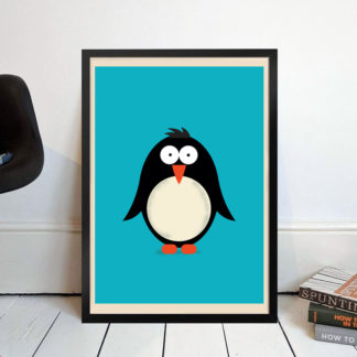 Framed Penguin Graphic Design Illustration on a Bright Blue Plain Background.