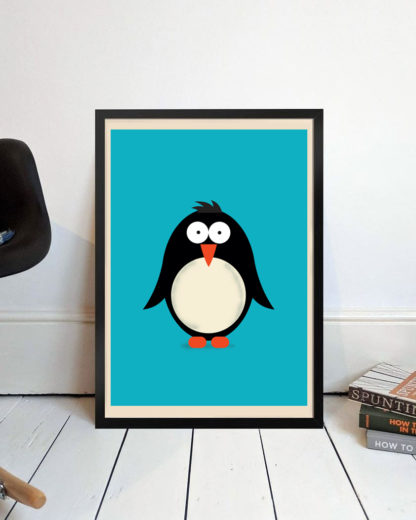 Framed Penguin Graphic Design Illustration on a Bright Blue Plain Background.