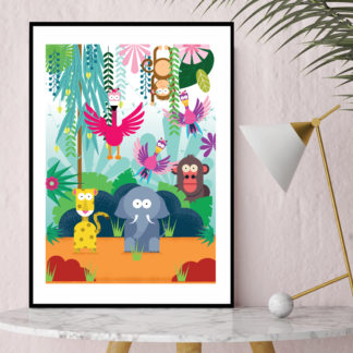 Framed Busy colourful illustration of a jungle scene with an elephant, cheetah, gorilla, flamingo and monkey.