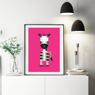 Framed Zebra Graphic Design Illustration on a Bright Pink Plain Background.