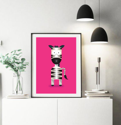 Framed Zebra Graphic Design Illustration on a Bright Pink Plain Background.