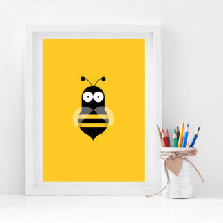 Framed bright yellow Background Graphic Illustration artwork print of a Bee character
