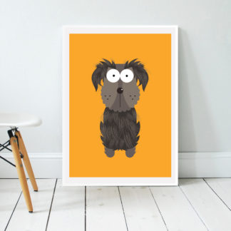 Framed bright orange Background Graphic Illustration artwork print of a scotty dog character