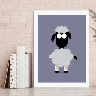 Framed Soft purple grey Background Graphic Illustration artwork print of a sheep character