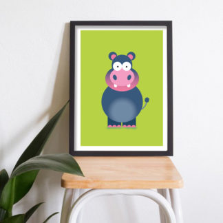 Framed Hippo Graphic Design Illustration on a Bright Green Plain Background.