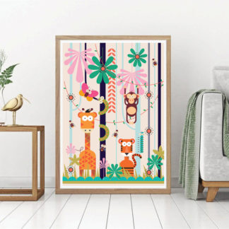 Framed Graphic style jungle illustration with simple trees and flowers, and a giraffe, tiger, monkey, butterfly and snake