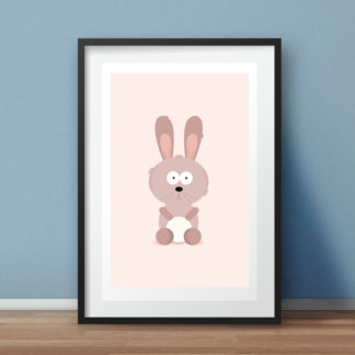 Framed Soft Beige Background Graphic Illustration artwork print of a rabbit character