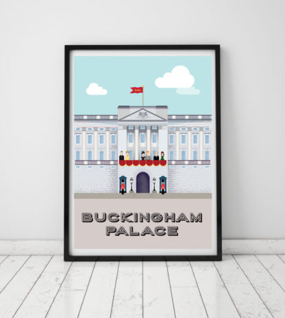 Framed Illustration of a Section of Buckingham Palace with tow Horseguard in the foreground, and members of the Royal Family on the Balcony