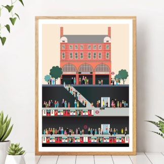 Framed Illustration showing Covent Garden Underground Station, and crowds of people going underground and boarding packed Tube Trains.
