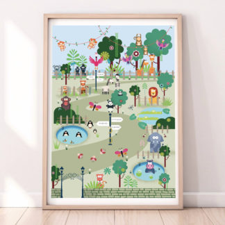 Framed Illustration of London Zoo including Monkeys, Giraffes, Zebra, Tigers, a Lion, Pandas, Penguins, An Elephant and a Hippo.