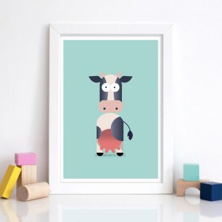 Framed Soft mint green Background Graphic Illustration artwork print of a cow character