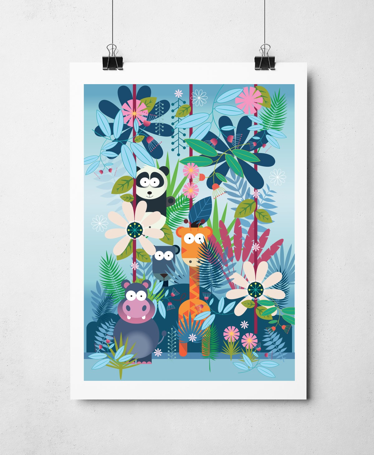 close up detail of a Illustration showing and panda in the jungle with a hippo, giraffe and jaguar with tropical plants