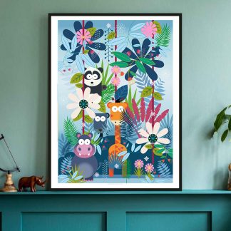 Framed Illustration showing and panda in the jungle with a hippo, giraffe and jaguar with tropical plants