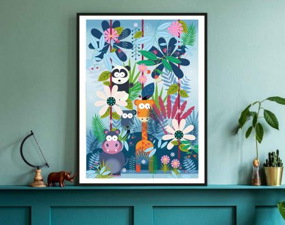 Framed Illustration showing and panda in the jungle with a hippo, giraffe and jaguar with tropical plants