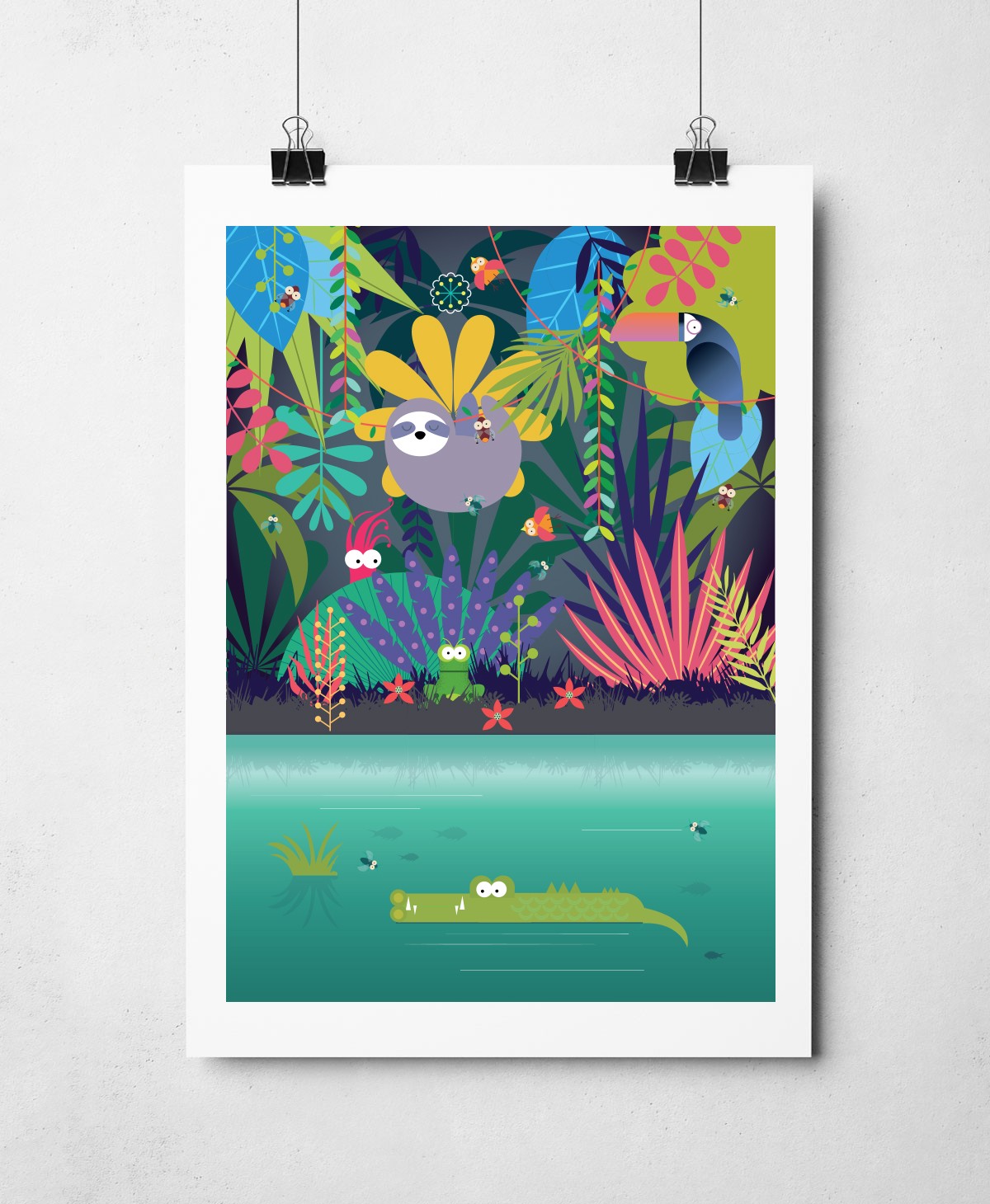 close up detail of a Illustration showing a sloth in the jungle scene by the river with a crocodile, toucan and tropical plants