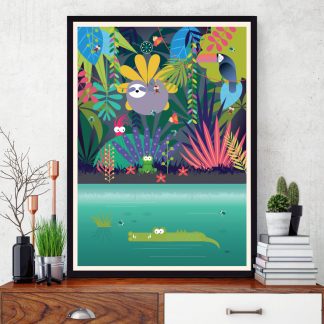 Framed Illustration showing a sloth in the jungle scene by the river with a crocodile, toucan and tropical plants