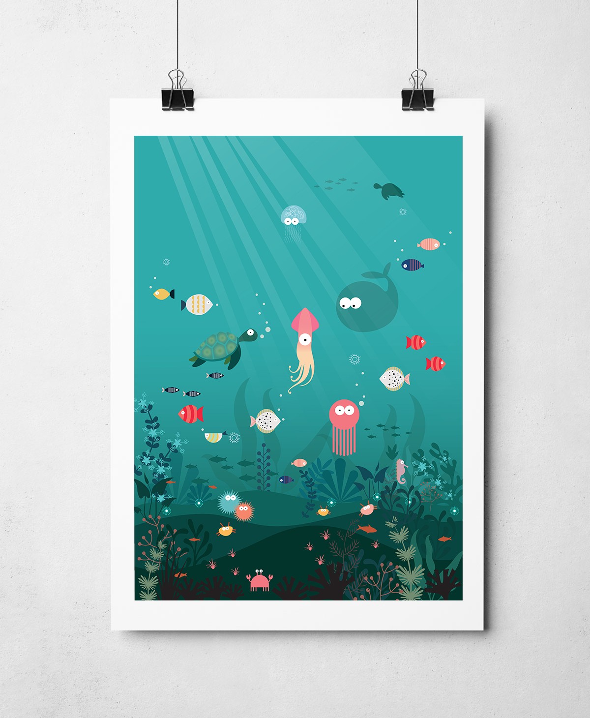 close up detail of a Under The Sea Illustration of a turtle, shrimp and whale surrounded by coral, fish and crab