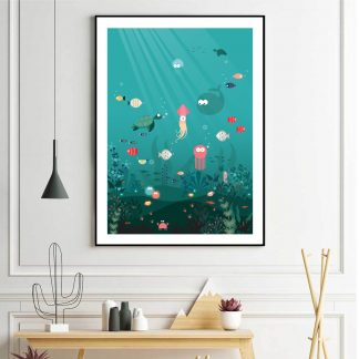 Under The Sea Illustration of a turtle, shrimp and whale surrounded by coral, fish and crab