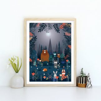 nighttime bear in the woodland art print