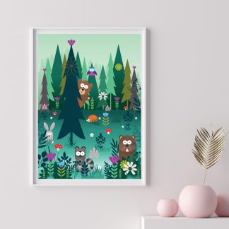 woodland scene with bear, raccoon and beaver art print