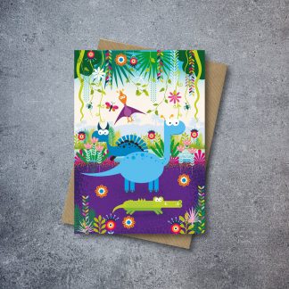dinosaurs in the jungle vines blank greetings card