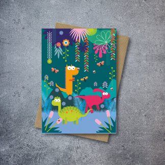 dinosaurs in the jungle blank greetings card