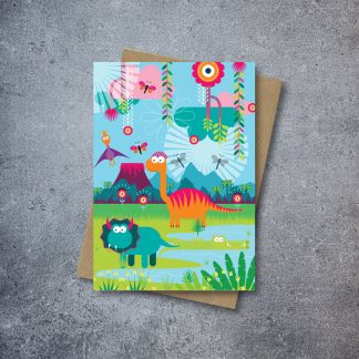 dinosaurs by a volcano blank greetings card