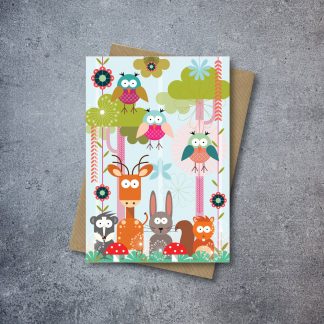 owls in the woodland blank greetings card