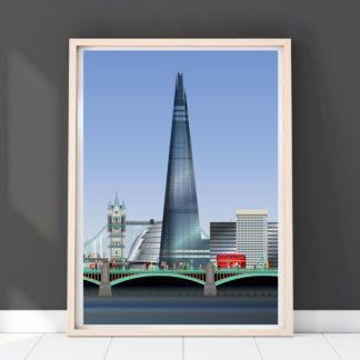 Portrait illustration of the Shard Building also including London Bridge, City hall and Tower Bridge