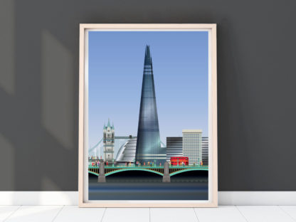 Portrait illustration of the Shard Building also including London Bridge, City hall and Tower Bridge