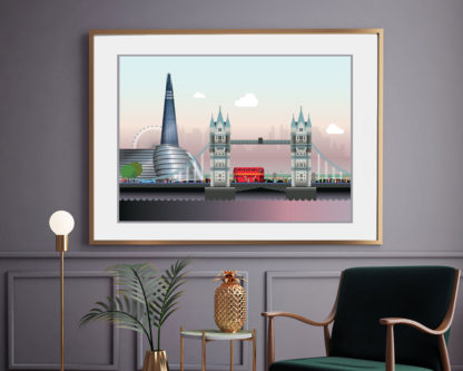 London Southbank illustration showing the London eye, City Hall, Tower Bridge over the River Thames