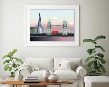 living room with an illustration of London Southbank hanging on the wall