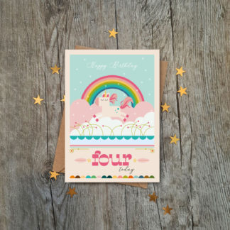 unicorn four today birthday card