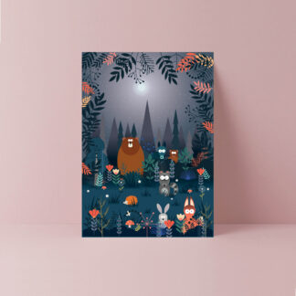 night-time bear in the woodland greetings card