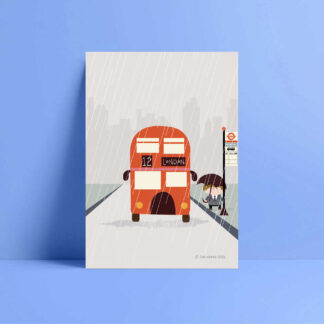 london bus in the rain greetings card