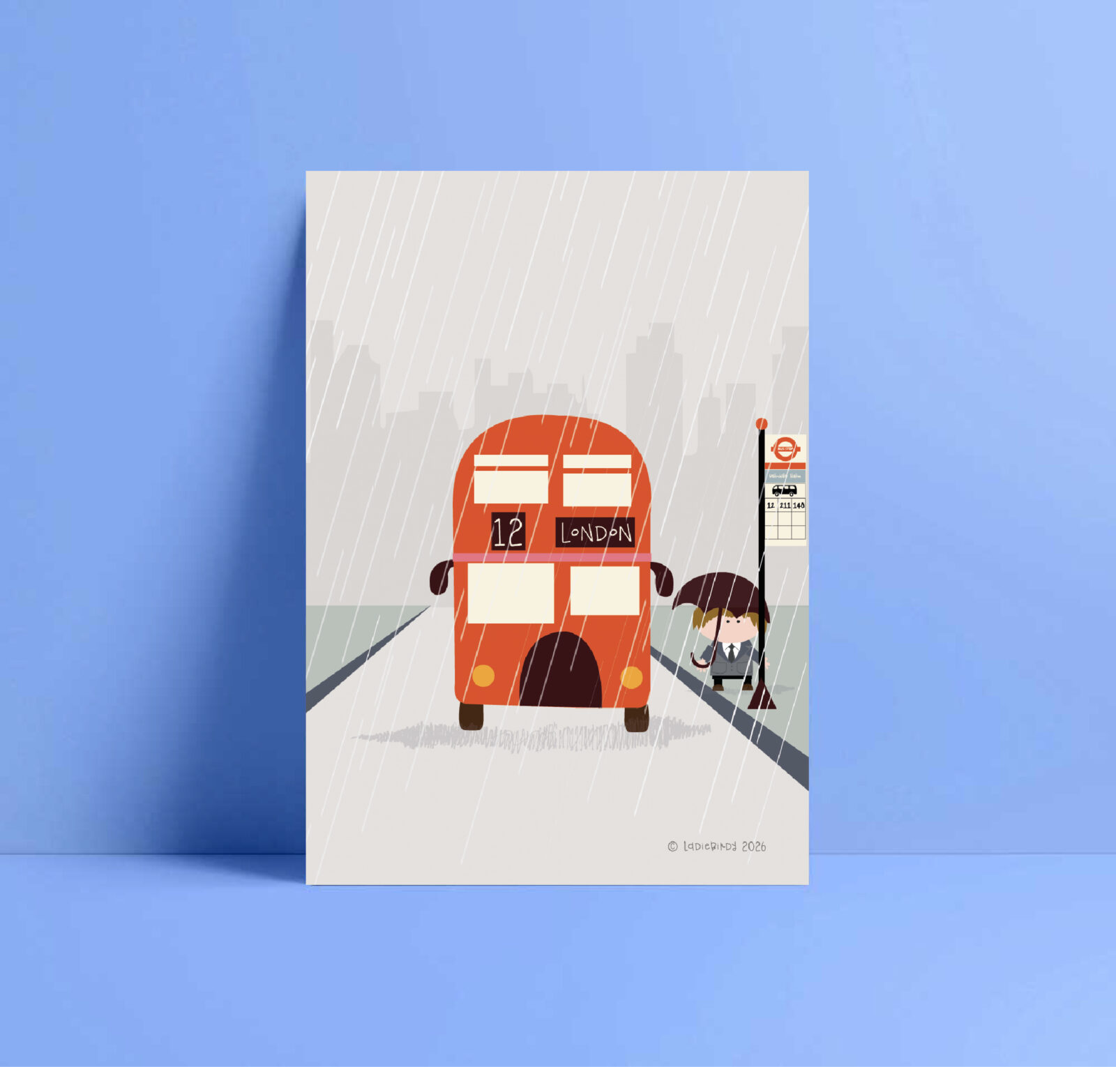 london bus in the rain greetings card