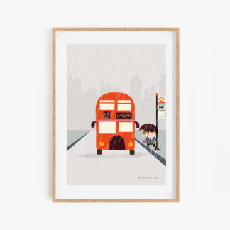london bus in the rain illustration