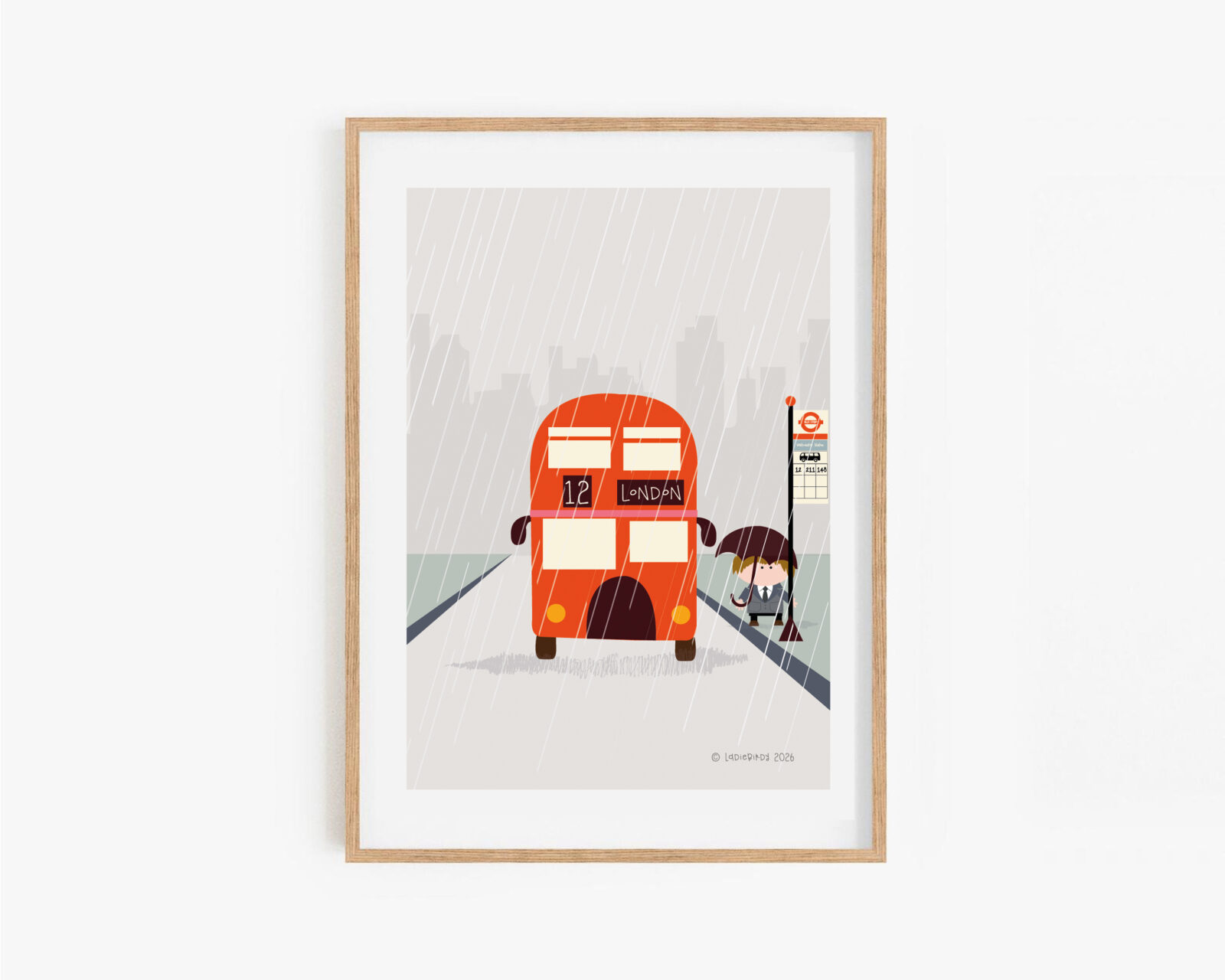 london bus in the rain illustration